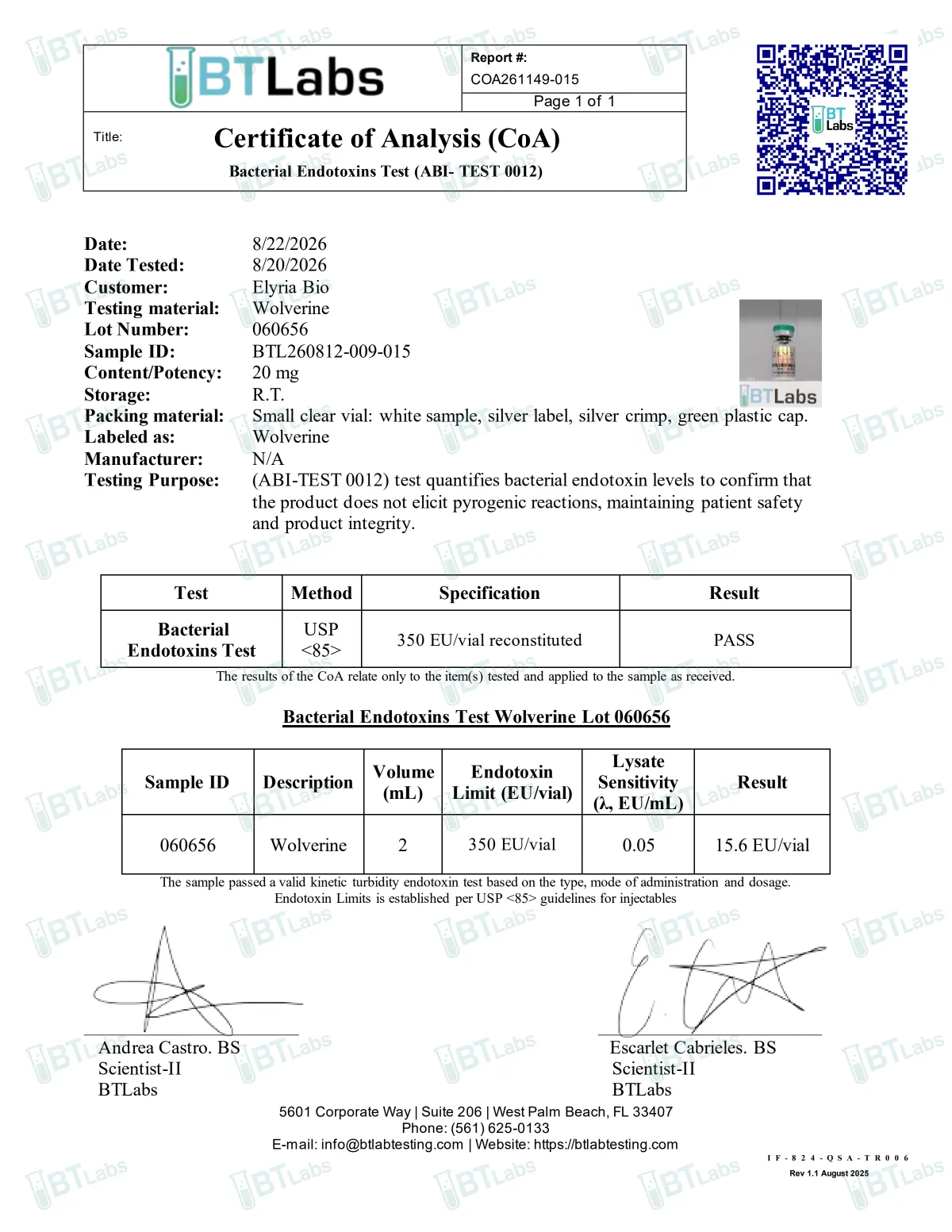 BT Labs certificate of analysis COA261149-015, bacterial endotoxins test (USP <85>) for Wolverine, certificate reference 060656: PASS, 15.6 EU/vial against a limit of 350 EU/vial.