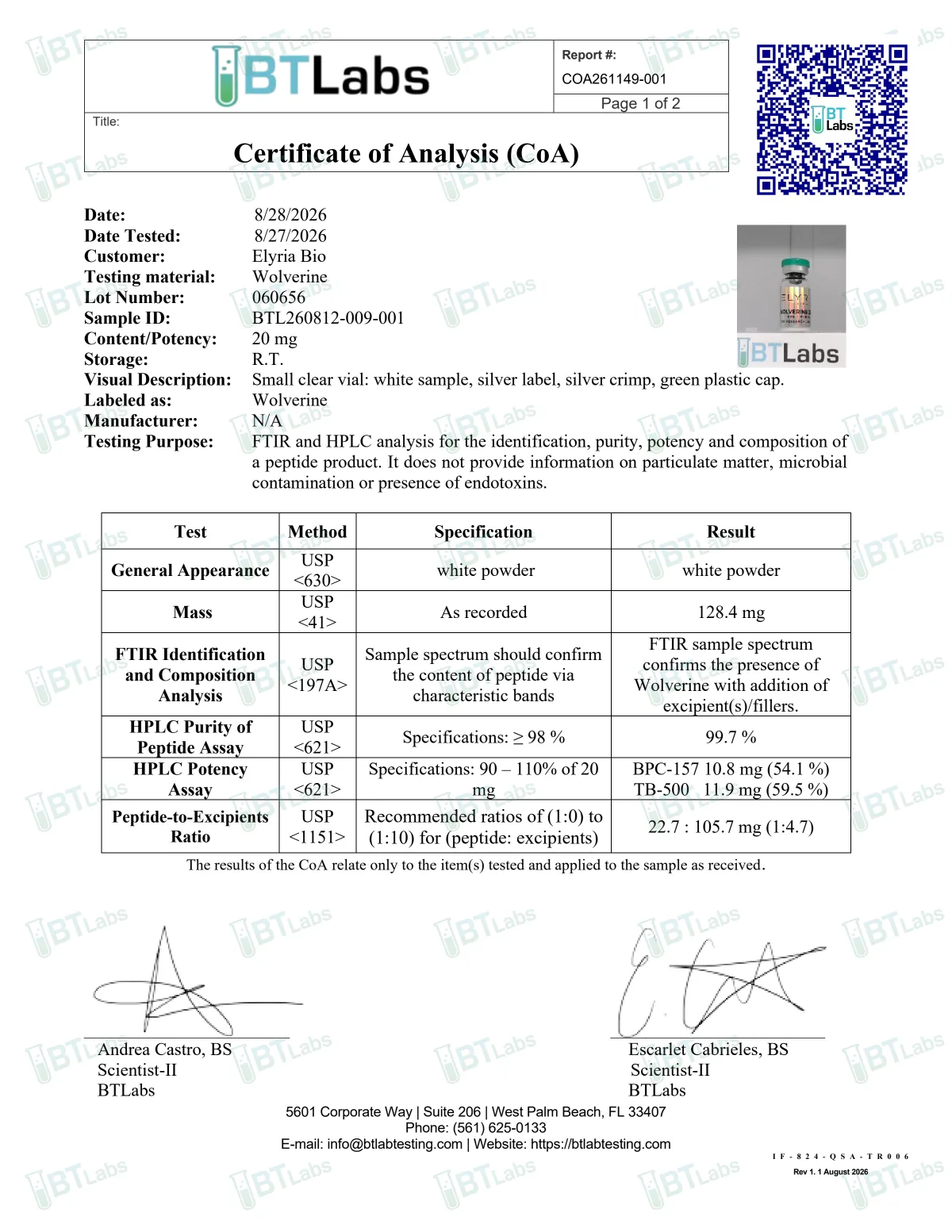 BT Labs certificate of analysis COA261149-001, page 1 of 2, for Wolverine, certificate reference 060656: HPLC purity 99.7% against a 98% specification; potency BPC-157 10.8 mg and TB-500 11.9 mg; the FTIR spectrum confirms the presence of Wolverine with excipients.