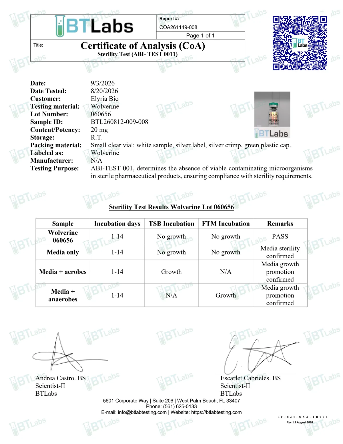 BT Labs certificate of analysis COA261149-008, sterility test for Wolverine, certificate reference 060656: no growth in TSB or FTM media over 14 days, PASS.