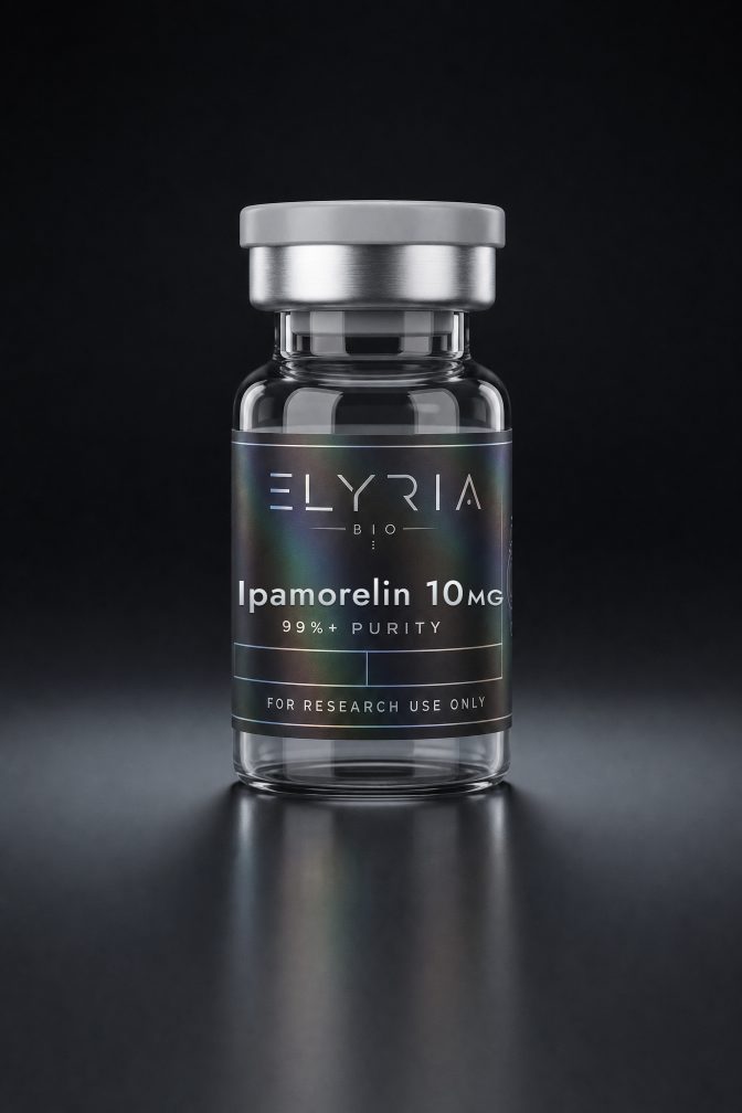Ipamorelin 10 mg lyophilized research vial by Elyria Bio